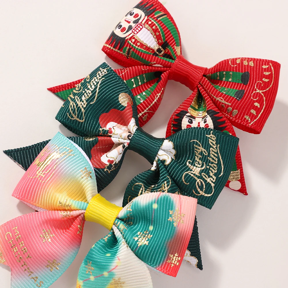 6 個クリスマスヘアクリップセット女の子のためのサンタクロースプリント弓ヘアピン帽子ヘアアクセサリーギフト新しい帽子