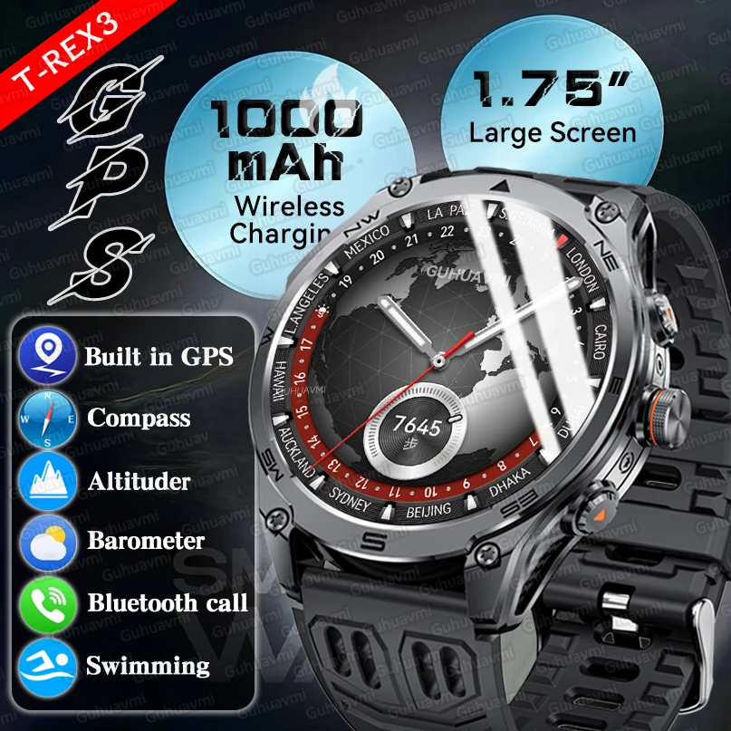 

2025Новые оригинальные умные часы T-REX с GPS, 1,75 дюйма, большой экран, аккумулятор 1000 мАч, компас, высотомер, 5 атм, водонепроницаемые спортивные умные часы с вызовом
