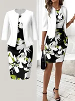 Conjunto de Vestido para el Trabajo con Estampado Floral en Blanco, Negro y Verde de Points of Autumn & Winter
