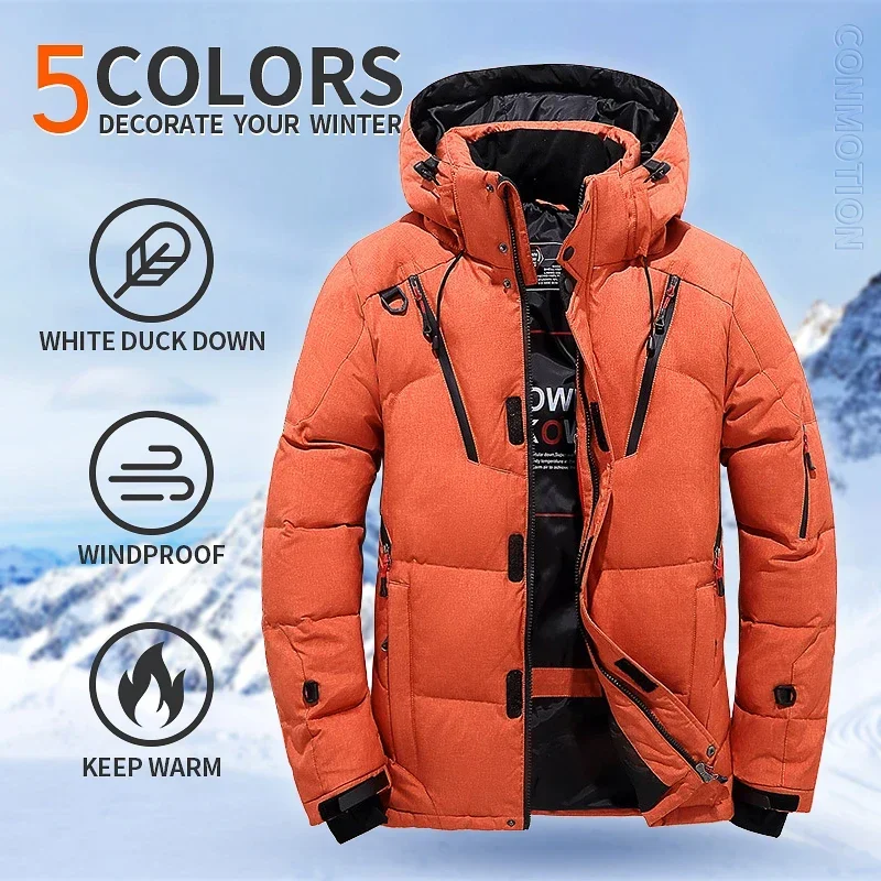 Winter Donsjack Heren Witte Eendenjas Winddicht Warm Reizen Camping Overjas Nieuw In Dikker Effen Kleur Capuchon Mannelijke Kleding