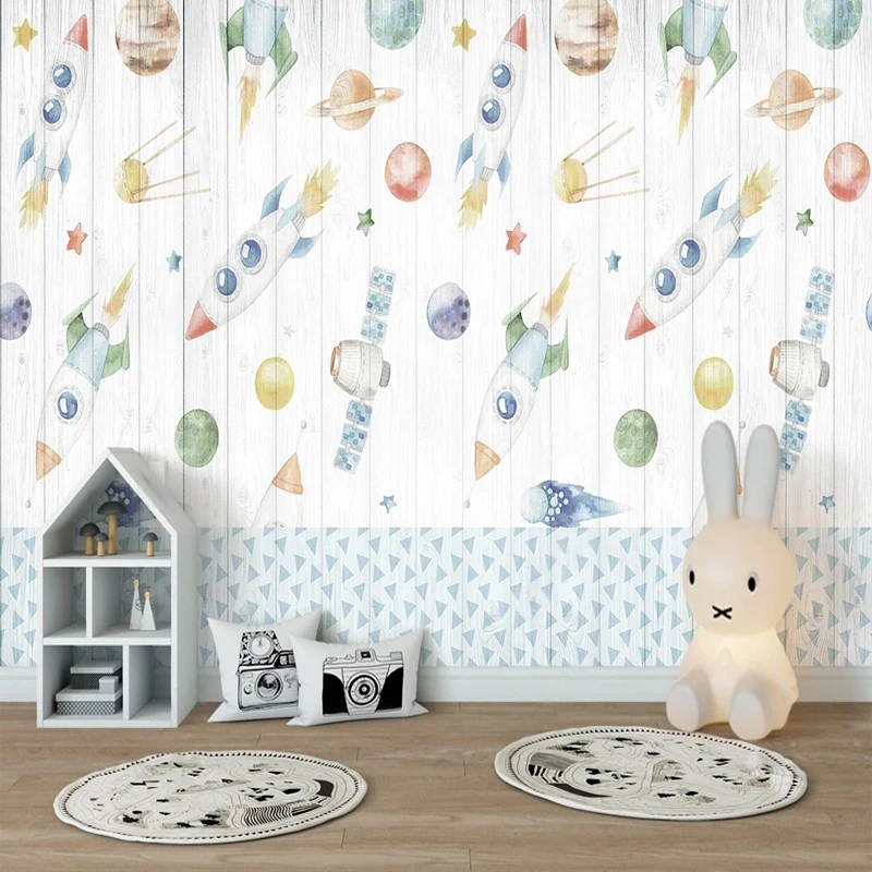 

Custom Size Cartoon Rocket Planet Plank Wallpaper for Children's Bedroom Background Wall Decor Non-woven 3D Embossed Paper Mural