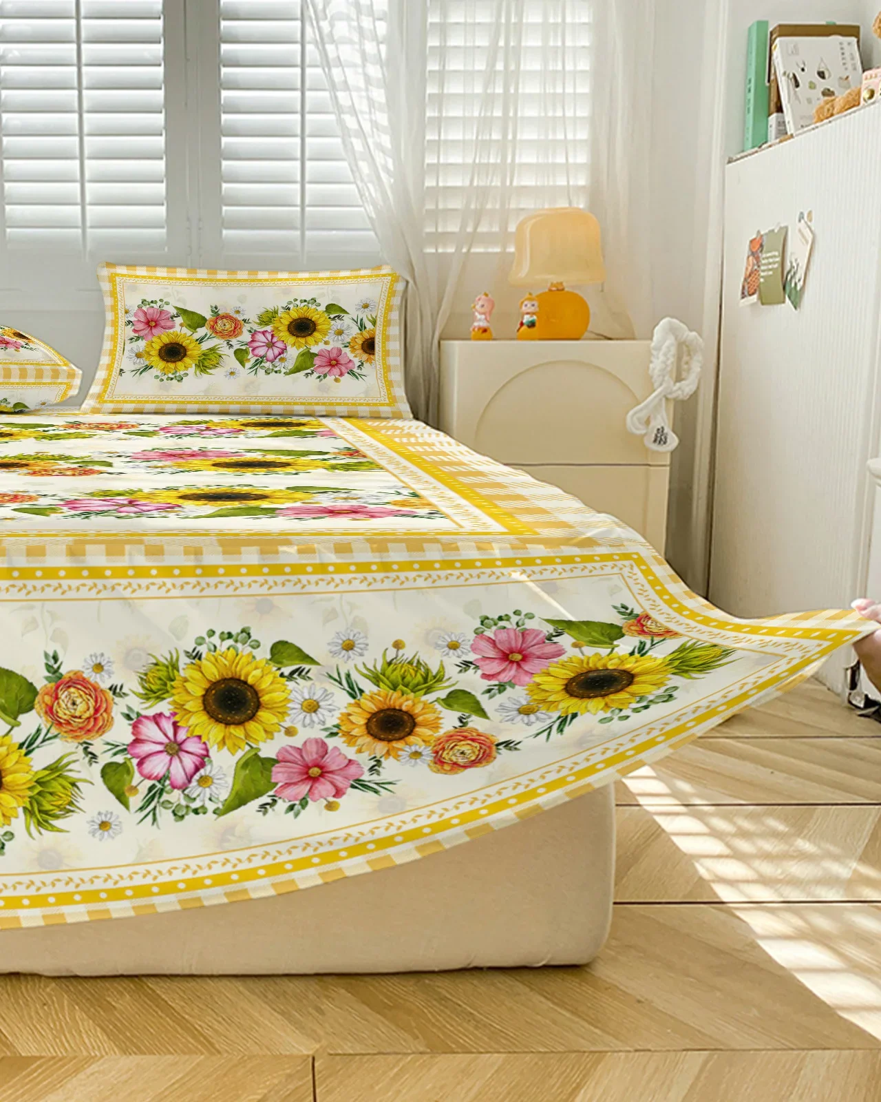 Pastoral Sunflower Plaid Bed Skirt Elastic Fitted Bedspread With Pillowcases Bed Protector Mattress Cover Bedding Set Bed Sheet