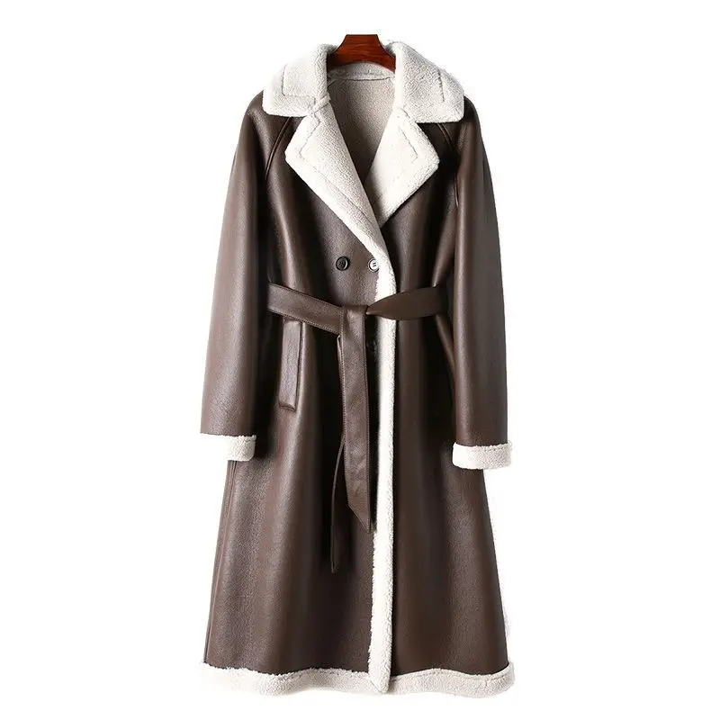 2024 Spring and Autumn New Eco Leather Long Fur Coat Women\'s Windbreaker Full Wool Inner Thermal Coat