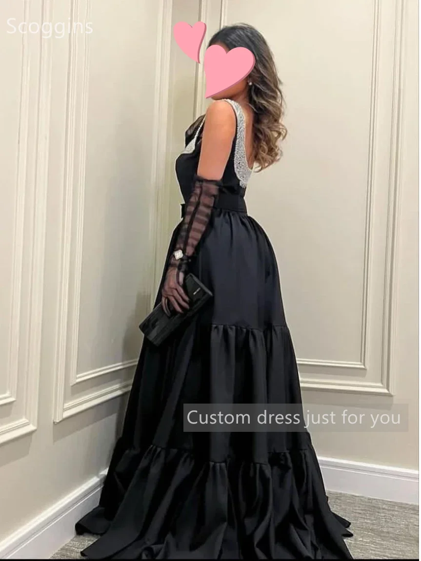 Scoggins فسات kapamavera★ Personalizar negro A-Line vestidos de fiesta sin mangas cuello cuadrado vestidos de fiesta formales para mujeres fruncido largo Eveni