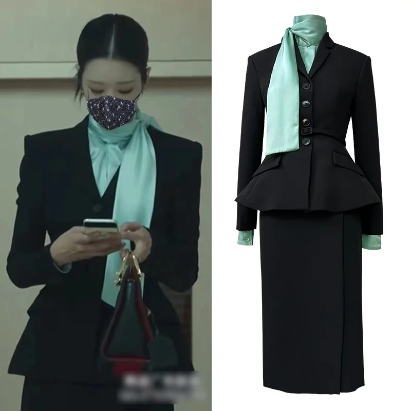 Black Suit Jacket with Shirt Half Skirt Bodycon Skirt Set Slim Fit Small Western Suit for Commute Pure Color Long Sleeve