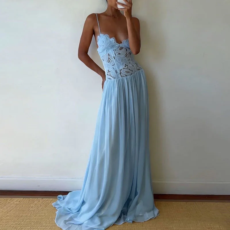 Casual Lace Patchwork Beach Dress Lady Sexy Low Cut V-neck Party Dress Spring Summer Sleeveless Suspender Chiffon Long Dress - view 4