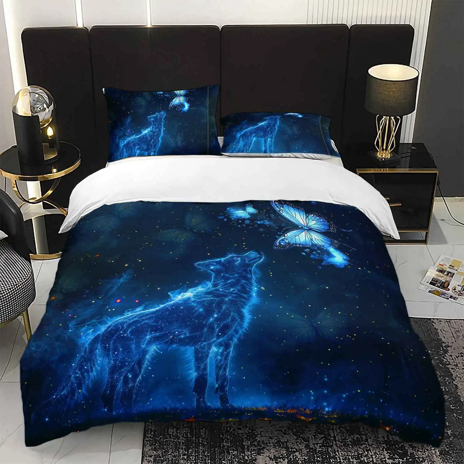 

3pcs Bedding Set Featuring Wolf And Butterfly Designs, Perfect for a for galaxy-Themed Bedroom,