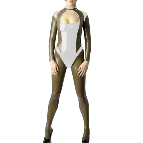 

New 100% Latex Rubber Catsuit Brown White Paneled Bodysuit Racing Uniform Size XS-XXL 0.4mm