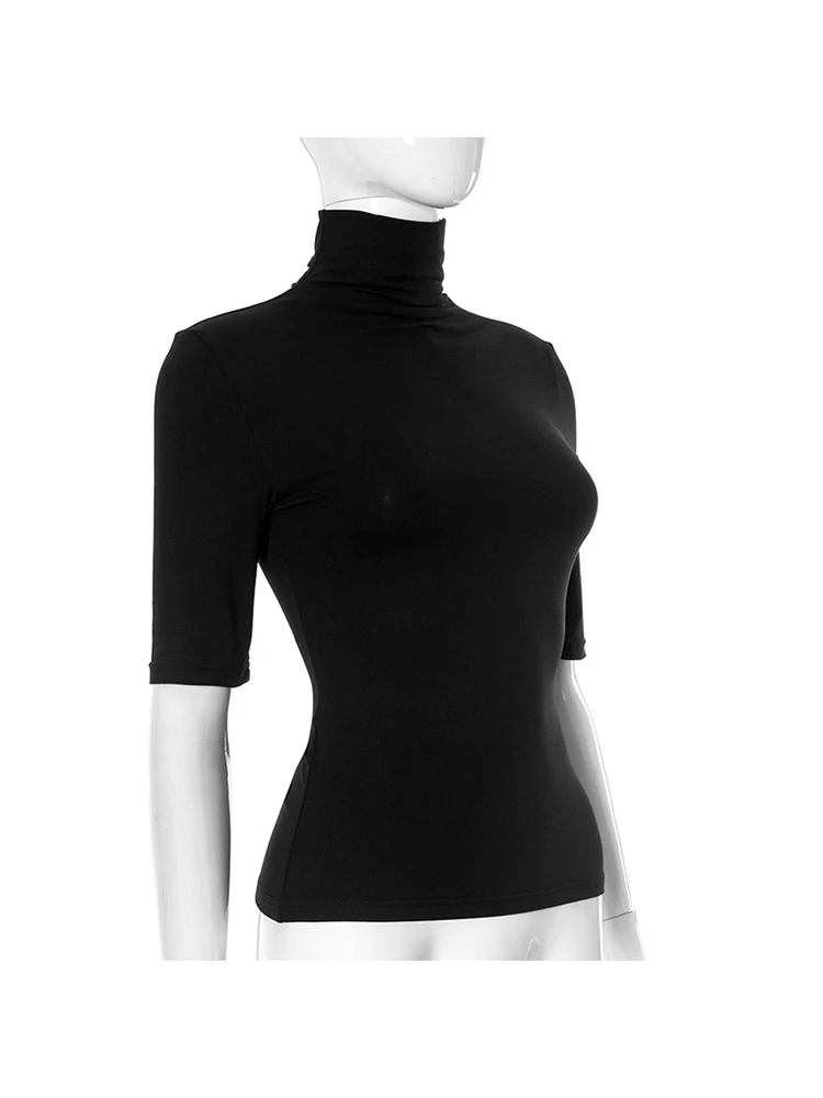 Damen Rollkragenpullover mit Halben Ärmeln, Figurbetontes Strick-Oberteil, Einfarbig, Dehnbar, Basis-Layering-Shirt für Büro und Alltag – Detail 20