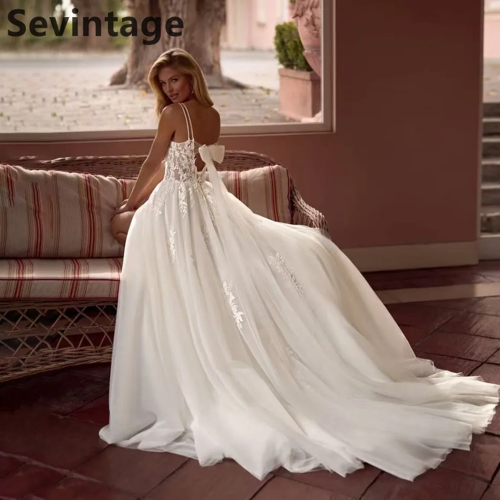 Sevintage 2025 Princess Wedding Dress Appliques Lace A Line Spaghetti Straps Bow Back Bridal Gown vestidos de novia Customized