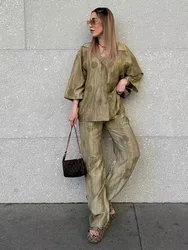 HH Women Elegant Jacquard Blouse Pant Sets Casual Long Sleeve Shirt Wide Leg Trousers 2024 Female Fashion Streetwear Suit
