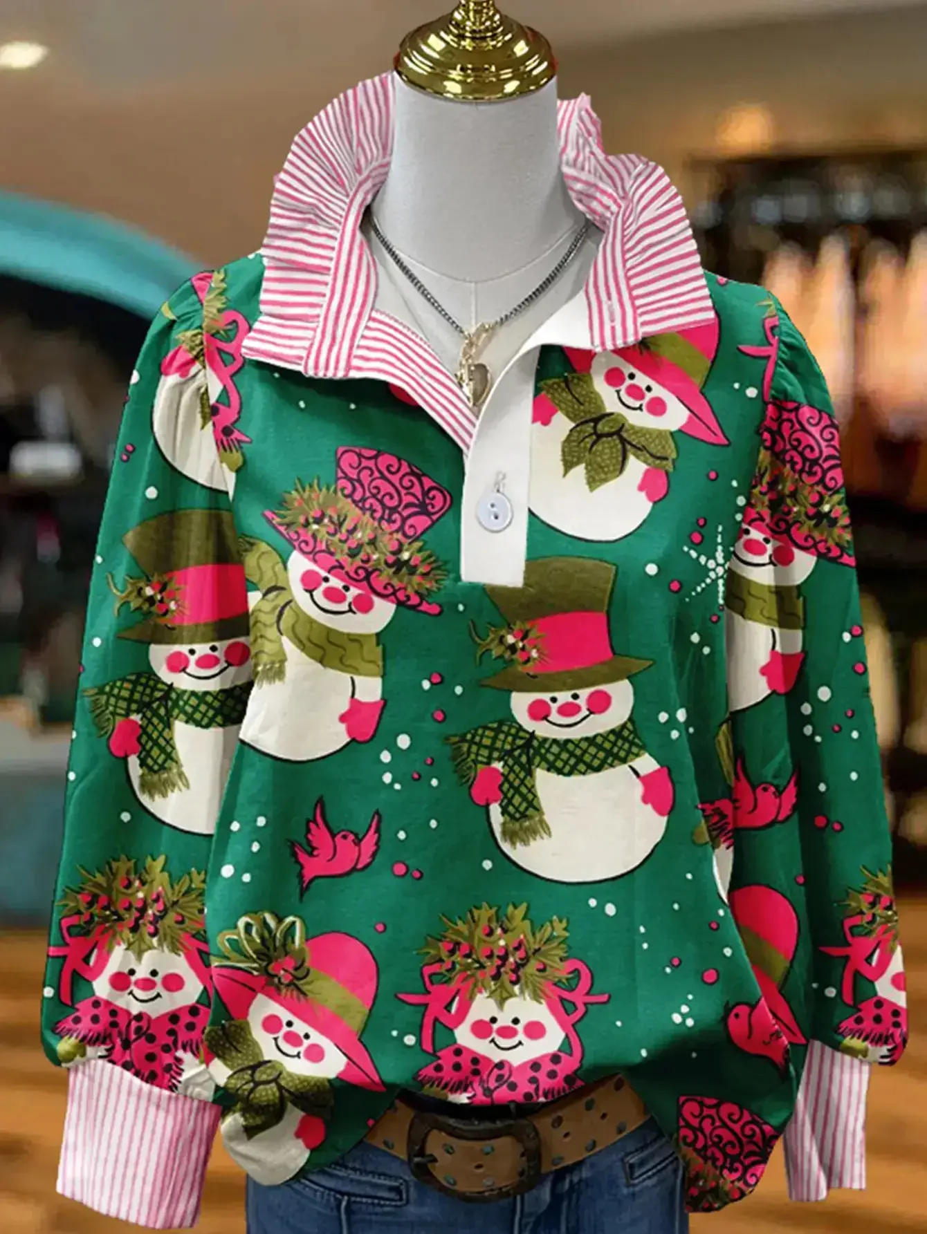 

Christmas Women's Top Spring and Autumn Winter Women's Stand up Collar Shirt Long Sleeve, Long sleeved lapel jacket style top