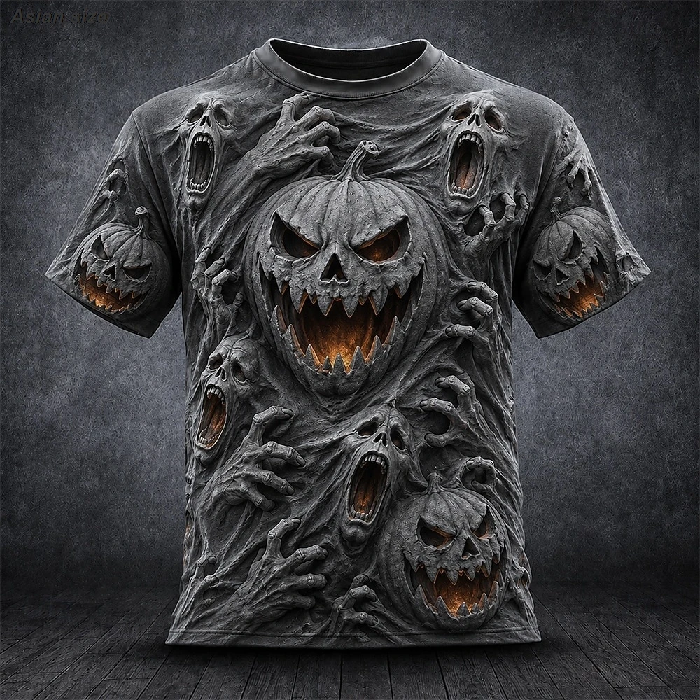 Men's 3D Pumpkin Ghost Graphic T‑Shirt Halloween Horror Theme Crew Neck Short Sleeve Casual Daily Tees Tops