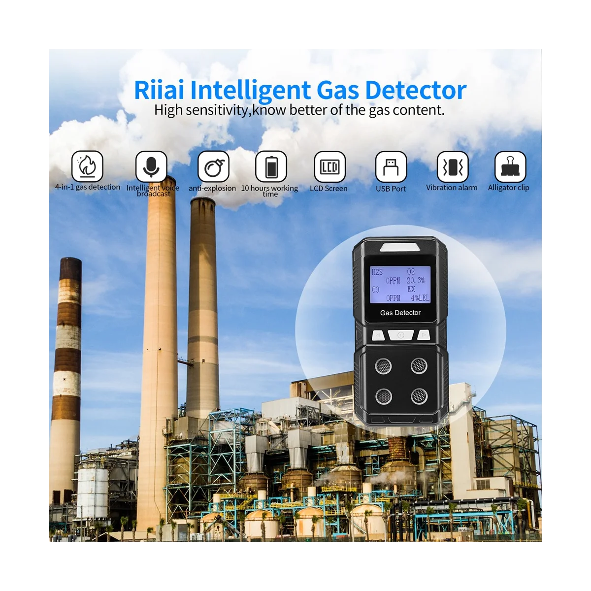 Portable 4 Gas Detector Rechargeable Multi Gas Monitor Air Quality Tester Analyzer High Precision EX O2 H2S CO US Plug