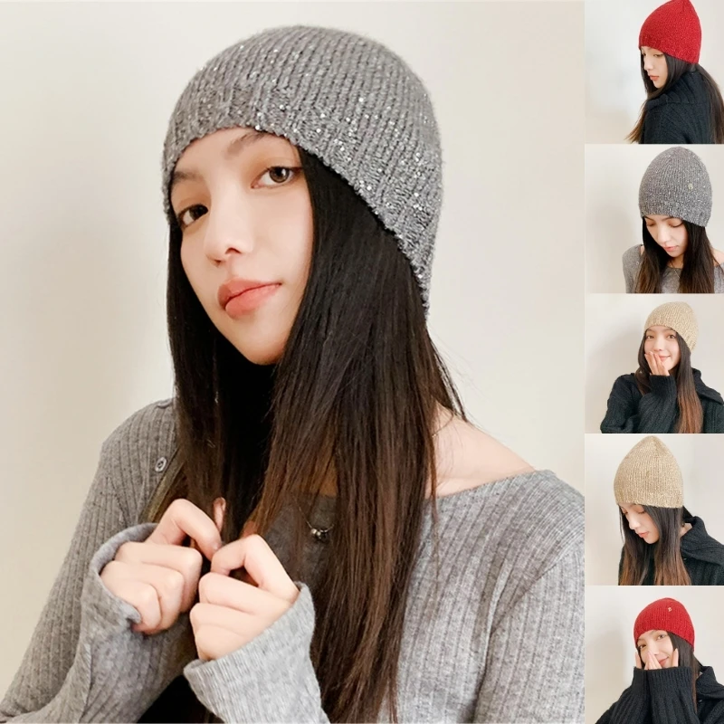 

Trendy Sequins Hat Soft Skull Hat for Teens Women Party Accessory Knitted Hat Street Sequins Skull Hat