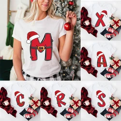 26 A~Z Christmas Alphabet Fashion Women T-shirt Christmas Party Letter Font A B C D E F G Short Sleeve Tops White T-shirt Tops