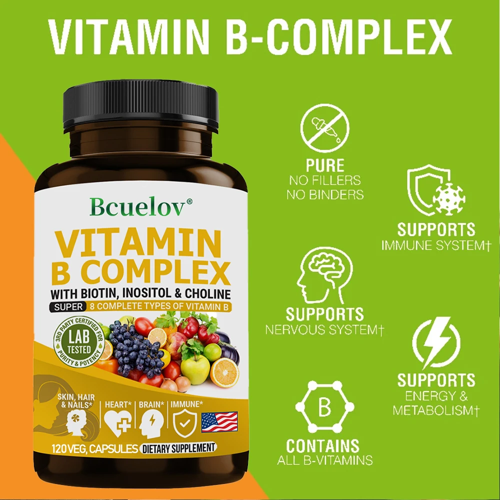 Vitamin B Complex - B1 B2 B3 B5 B6 B7 B9 B12 Biotin Choline Niacin - Brain, Skin, Hair, Nervous System, Immunity, Metabolism