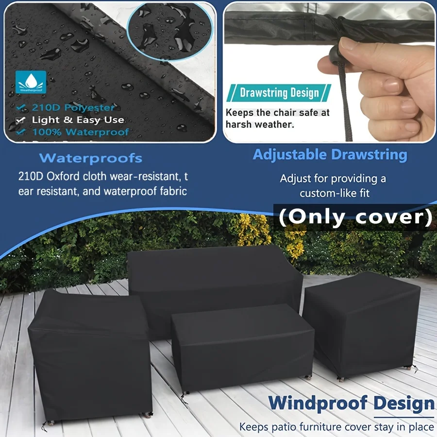 4Pcs Outdoor Rattan Sofa Cover Set 210D Oxford Heavy‑Duty Waterproof Windproof Black Drawstring Patio Furniture Protector