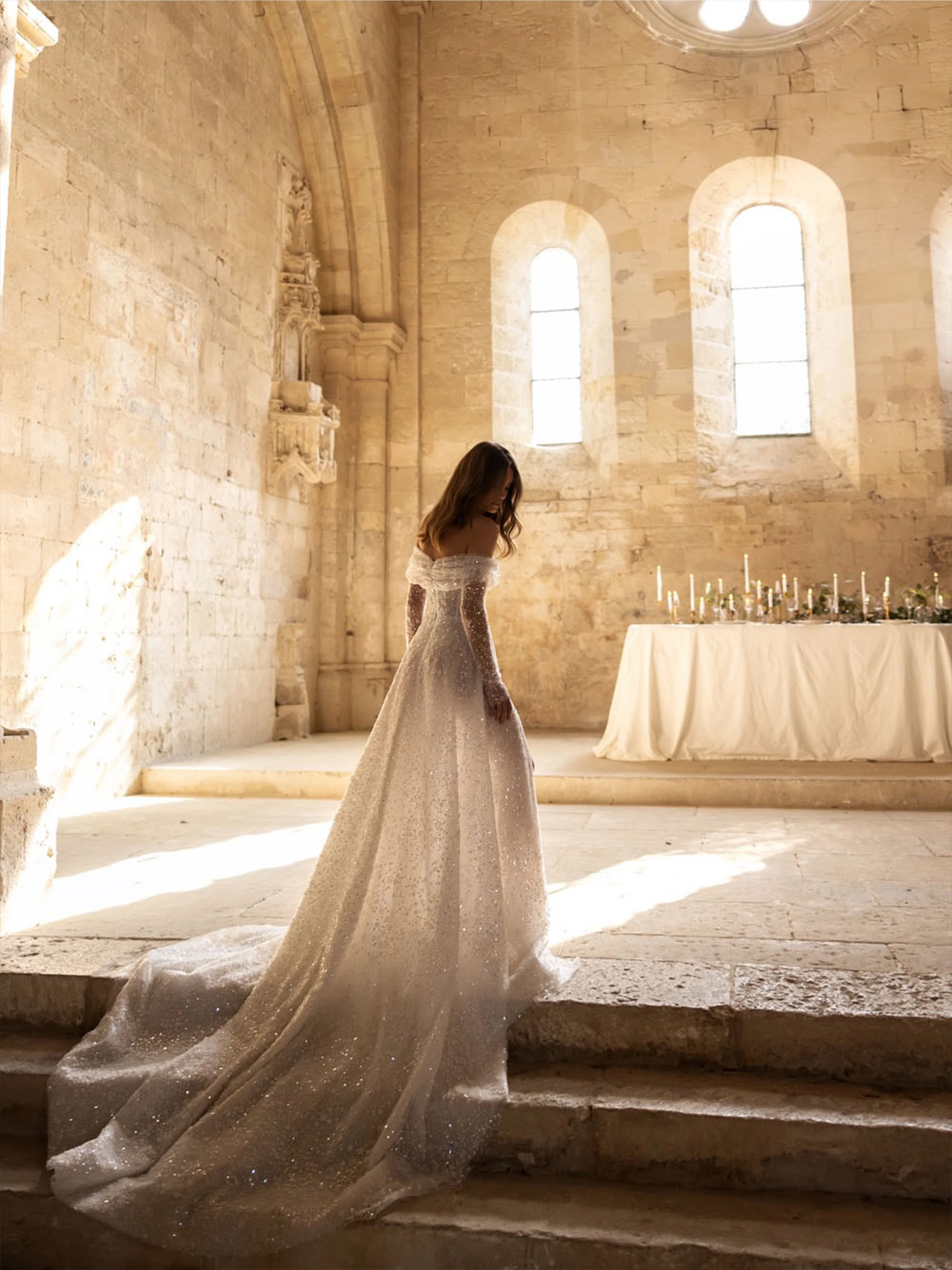 Sparkly A‑Line Wedding Dress Detachable Sleeves Off‑Shoulder Strapless Corset Bodice Slit Cathedral Train Bridal Gown Customized