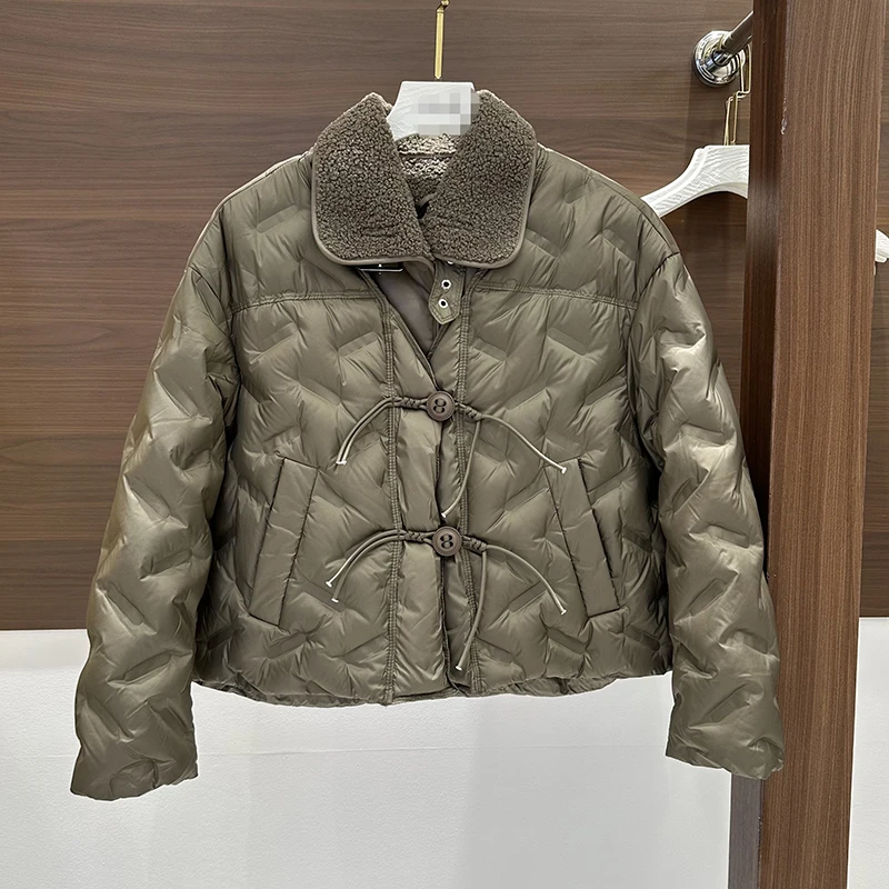 Winter Lamb Wool Lapel Short Down Jacket Female Thicken Warm Loose Jackets Women White Duck Down Single Breasted Parker Outwears