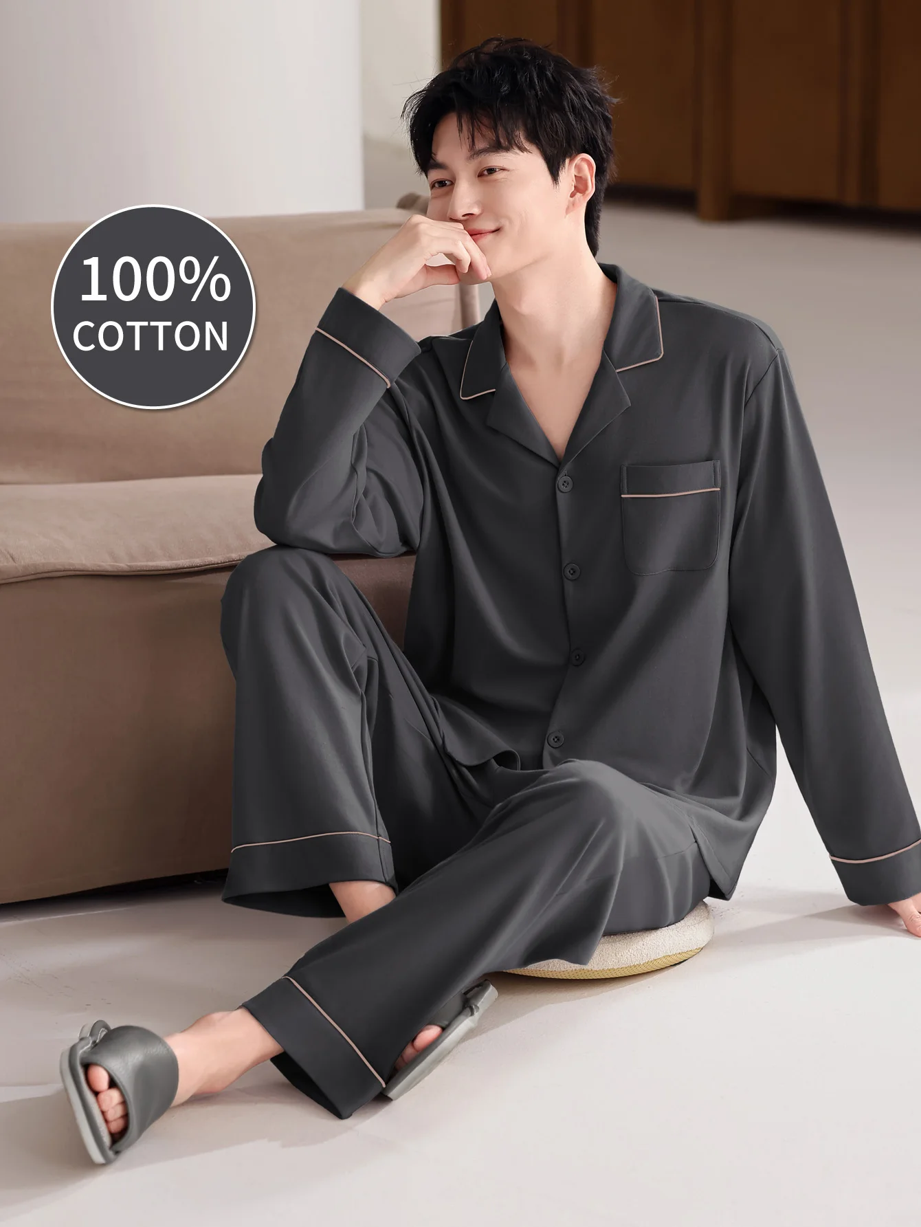 

Men's 100% cotton long sleeved four season plus size men's sleepwear, teenage pure cotton home suit set for warmth