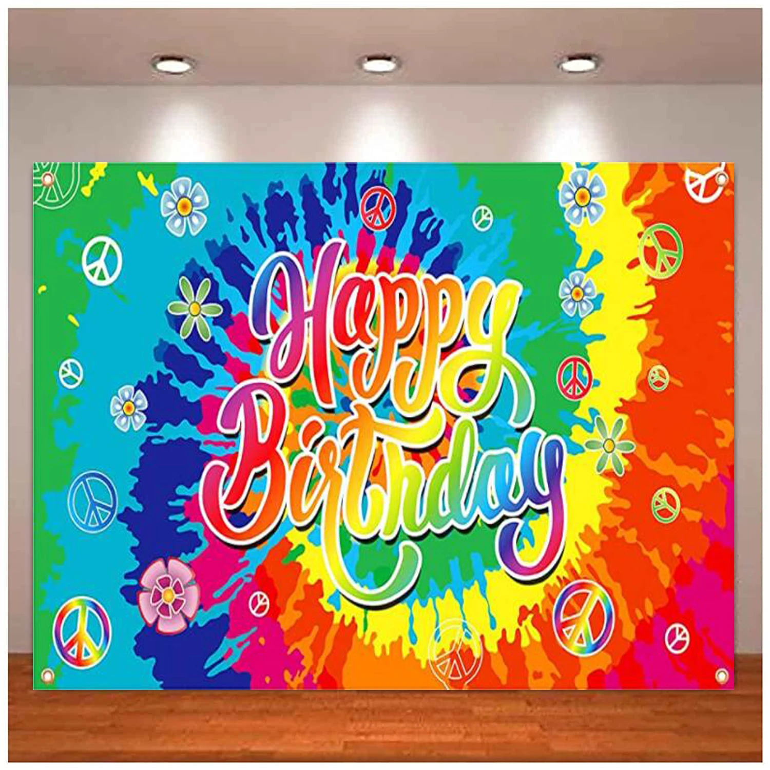 

Tie-Dyed Happy Birthday Photography Backdrop Banner Balloons For Baby Shower Art Themed Party Background Supplies Poster