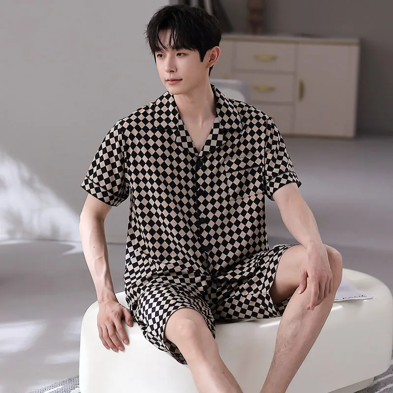 Pajama men\'s summer 2024 new four-sided elastic cool silk thin plaid small short-sleeved cardigan small lapel home clothes