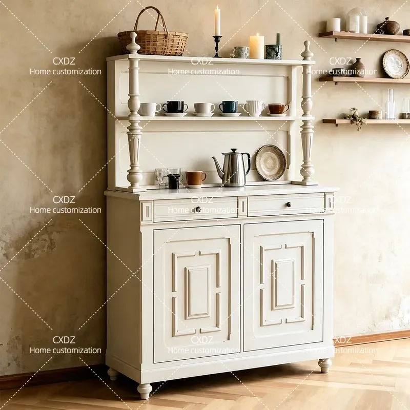 American Retro Solid Wood Dining Side Cabinet White Storage Cabinet with Drawers Kitchen Multi-functional Display Cupboard