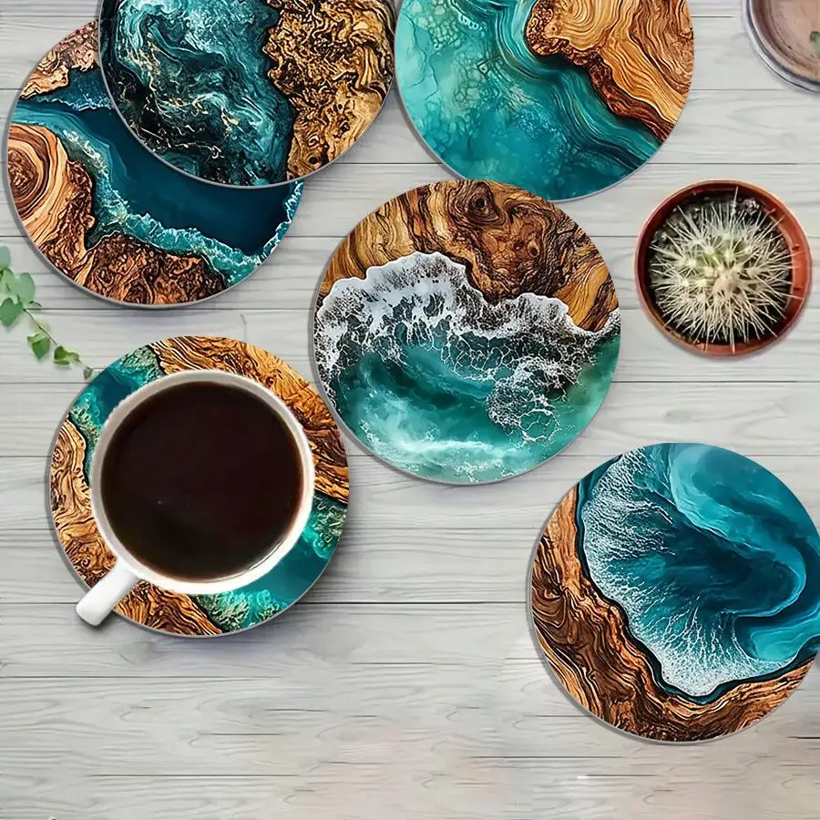 6 runde Silikon-Untersetzer im blauen Ozean-Stil für Kaffeetassen und Teetassen, dekorativ, langlebig, hitzebeständig