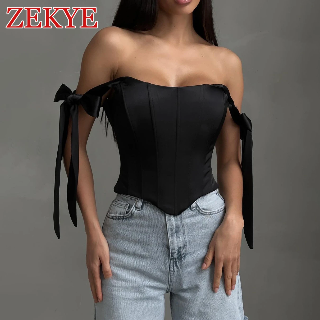 Zekye Streetwear Bandage Corset Top Women Elegant Solid Satin Kawaii Backless Zipper Slim Crop Top Fashion Summer Clothes 2024