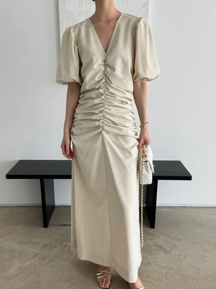 Robe Vintage pour femmes avec Design plissé bulle Sves v-ne minceur couleur Pure longue Dr Faionable décontracté été Dr