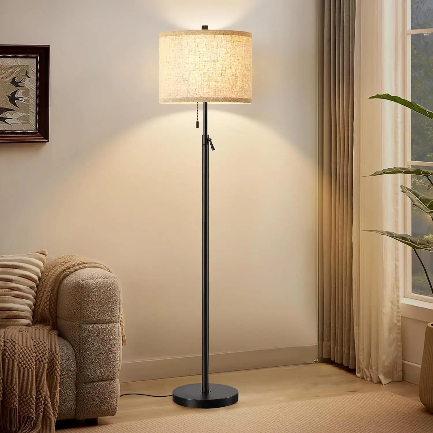 

Adjustable Height Floor Lamp with Fabric Shade for Living Room, Bedroom & Office - Black Base
