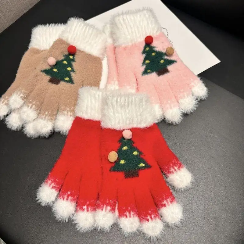 

1 Pairs Fluffy Fur Knitted Gloves Christmas Tree Snowflake Gloves Warm Mittens Touch Screen Gloves For Women Girls Skiing Gloves