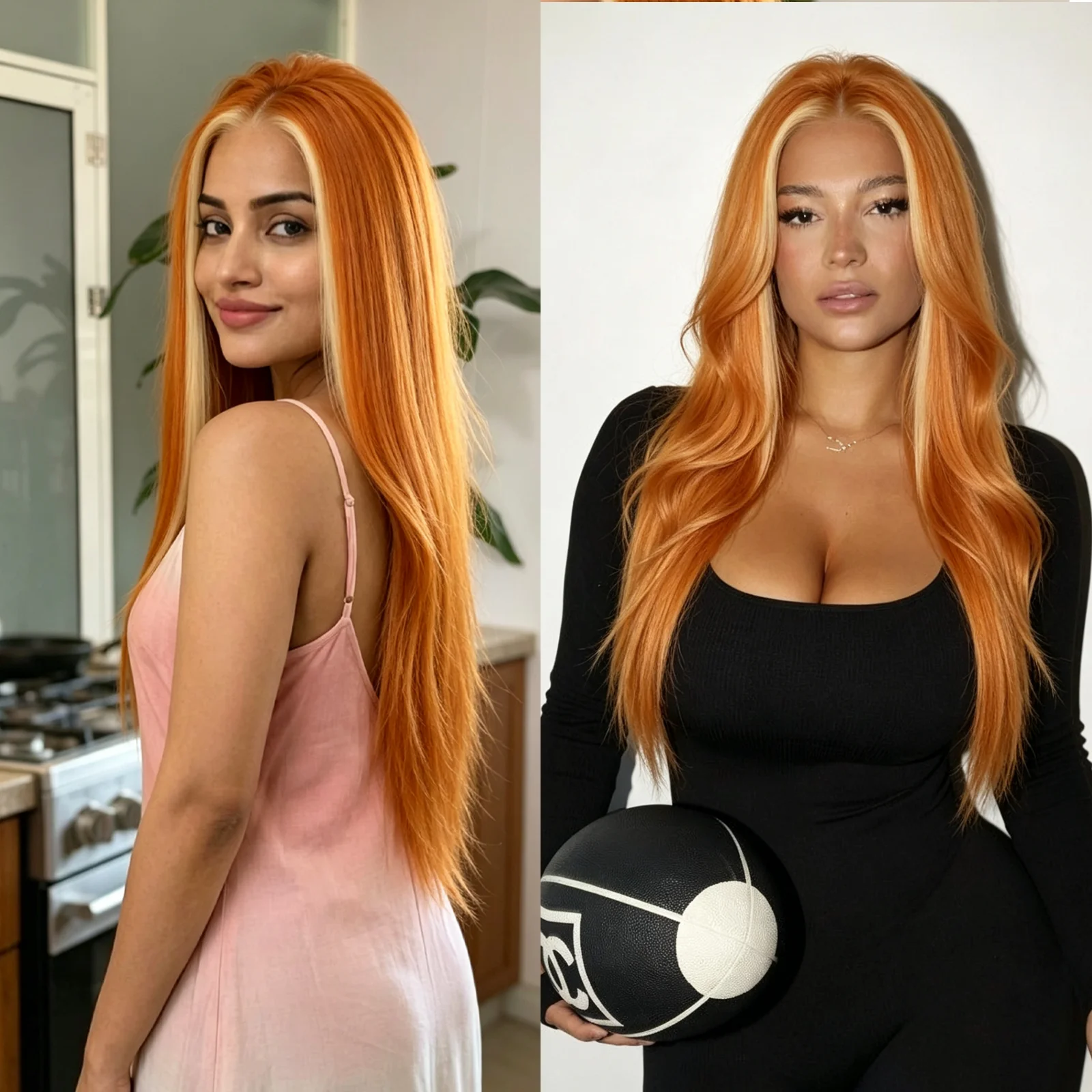 13x4 Ginger Orange Wig with Blonde Highlight Lace Front Wig Pre Plucked with Natural Hairline Straight Synthetic Wig