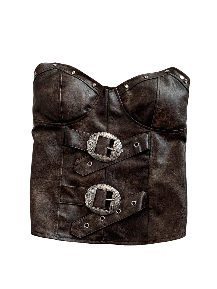 Ele Retro Button-Up Tube Top Vest Donna Dimagrante PU Pelle ort irt Sli High-End Feel Cinese Faion Estate 2025