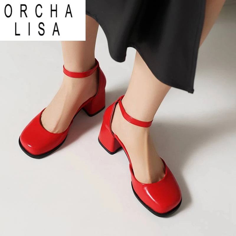 

ORCHA LISA Design Women Pumps Toe Block Heel 6cm Buckle Strap Sexy Dating Female Shoes Size 40 41 42 43 S4956