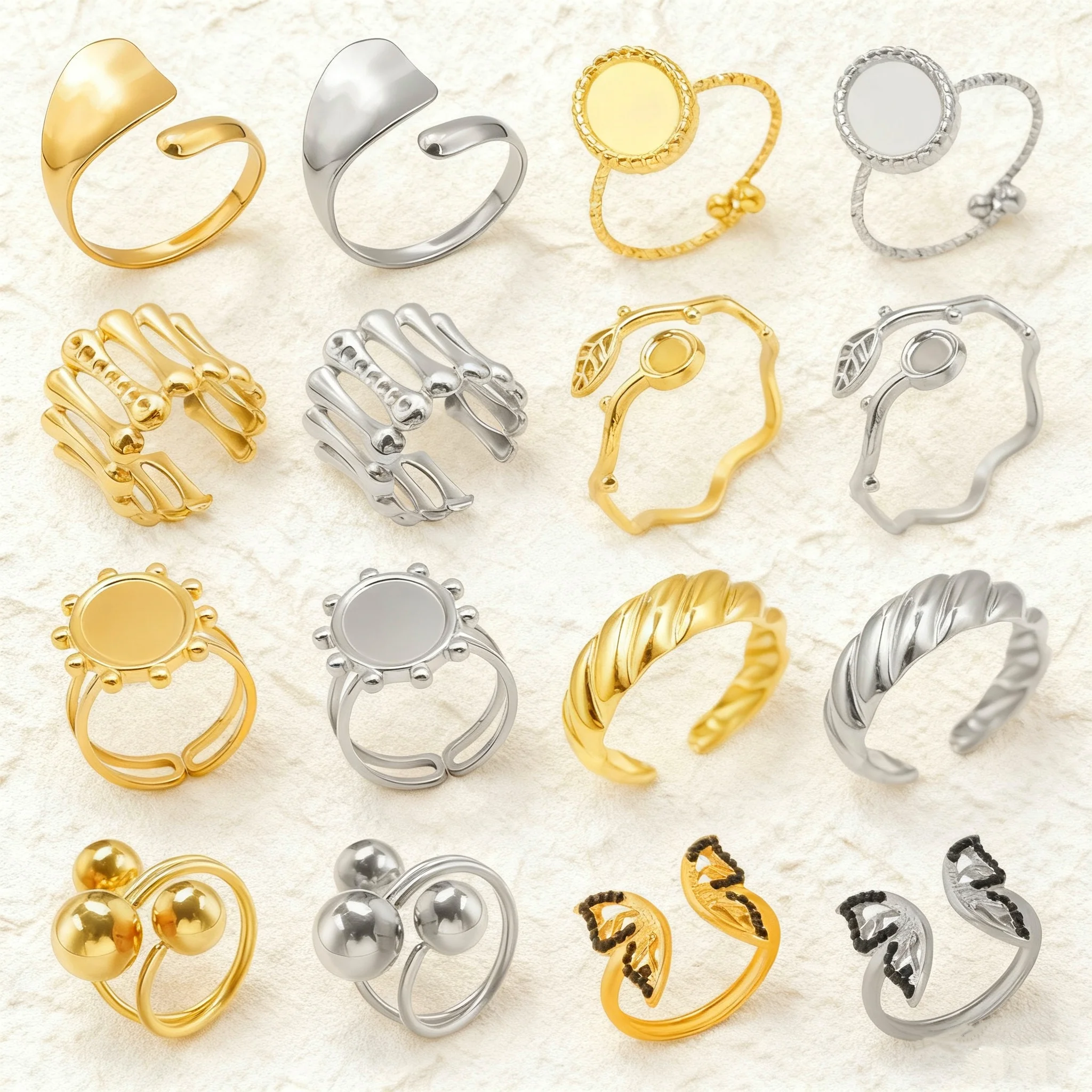 

5pcs Vintage Assorted Stainless Steel Opening Adjustable Ring Round Ball Weld Lip Oval Bamboo Joint Y2K Butterfly Rings Jewelry