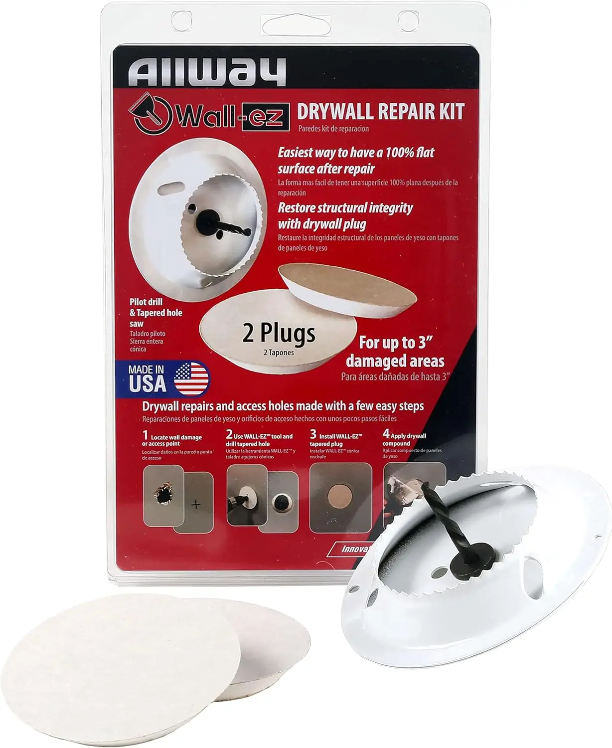 

Drywall Repair Kit with Tapered Hole Saw and 2 Plugs for Easy Wall Fixes