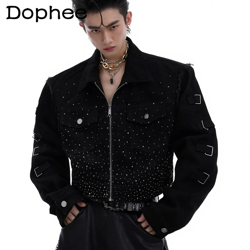 

Men's 2025 Autumn New Loose Stylish Trendy Jackets Fashion Rhinestone Gradient Short Denim Coats Padded Shoulder Denim Jacket