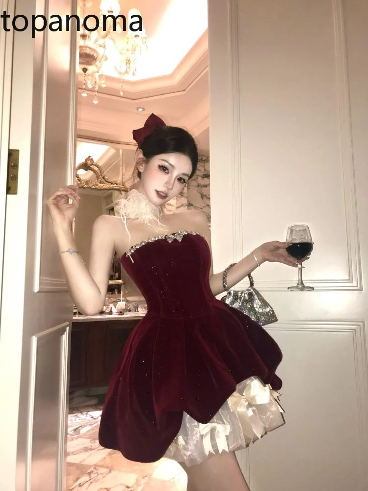 Topanoma Evening Dresses Women Velvet Strapless Slim Rhinestone Vintage Wedding Party Cocktail Mini Dress Backless Sexy Birthday