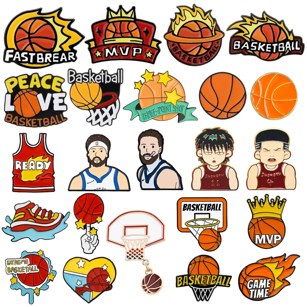 

Cartoon Basketball Enamel Brooch Lapel Pins Flame Crown Mvp Peace Love Clothes Anime Player No. 30 Basketball Fan Badge Jewelry