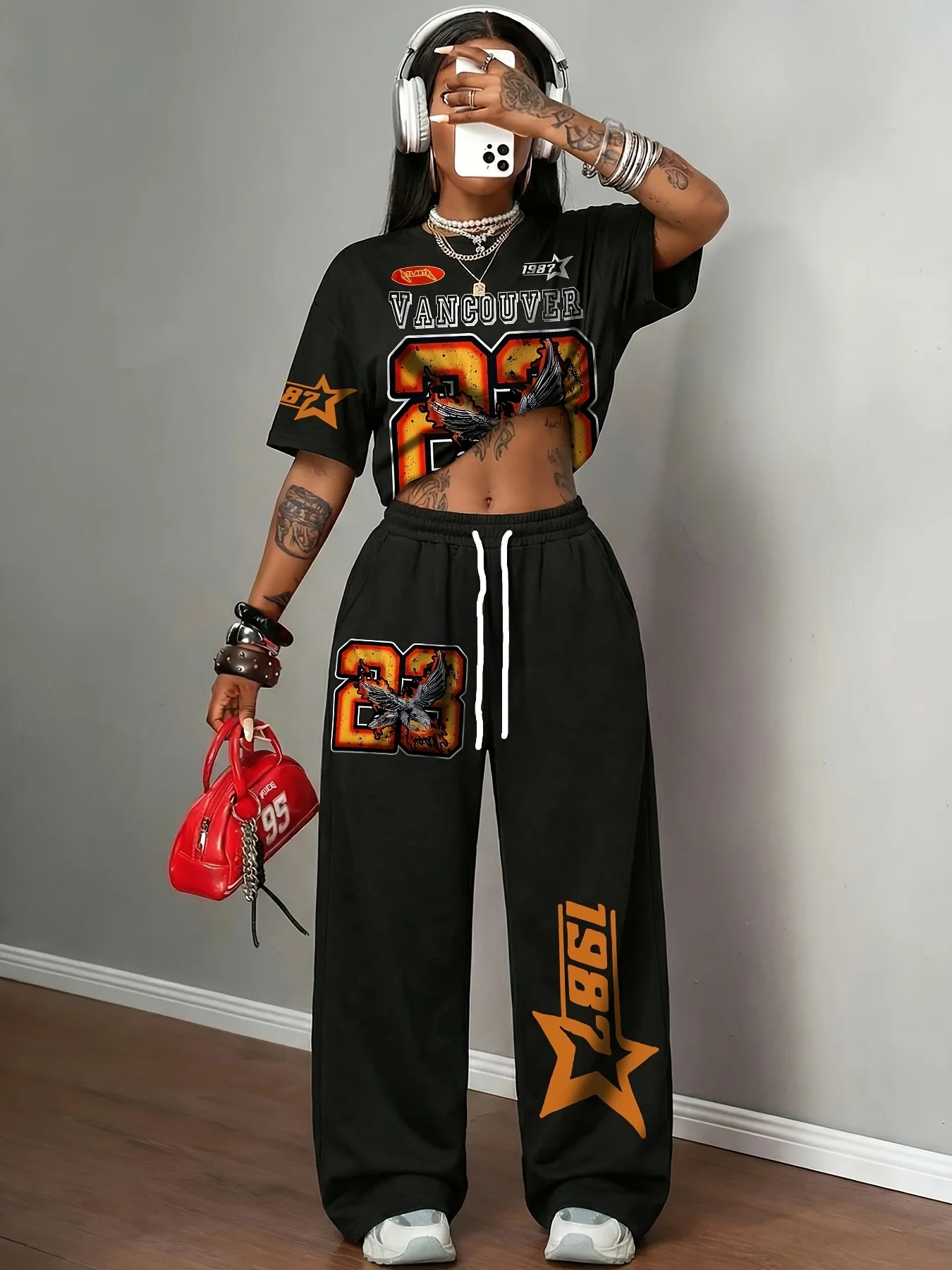 2026 New Trend Kids Summer Quick Drying Loose Pants Black Racing Style Print Street Style Trousers for Daily Wear & Vacation