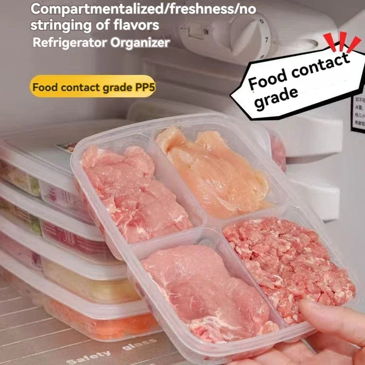 Food Grade Sealed Refrigerator Storage Box, Four Compartments Fresh-Keeping Container for Frozen Meat, Scallions, Ginger,Garlic