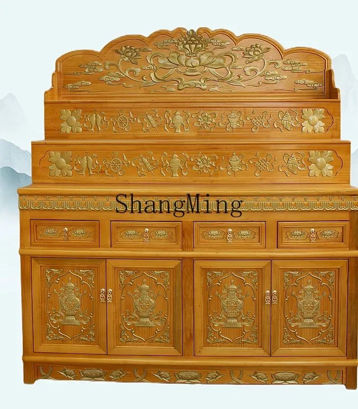 

FGTibetan Solid Wood Three-Layer Buddha Niche Altar Altar Chinese Carving Buddha Cabinet
