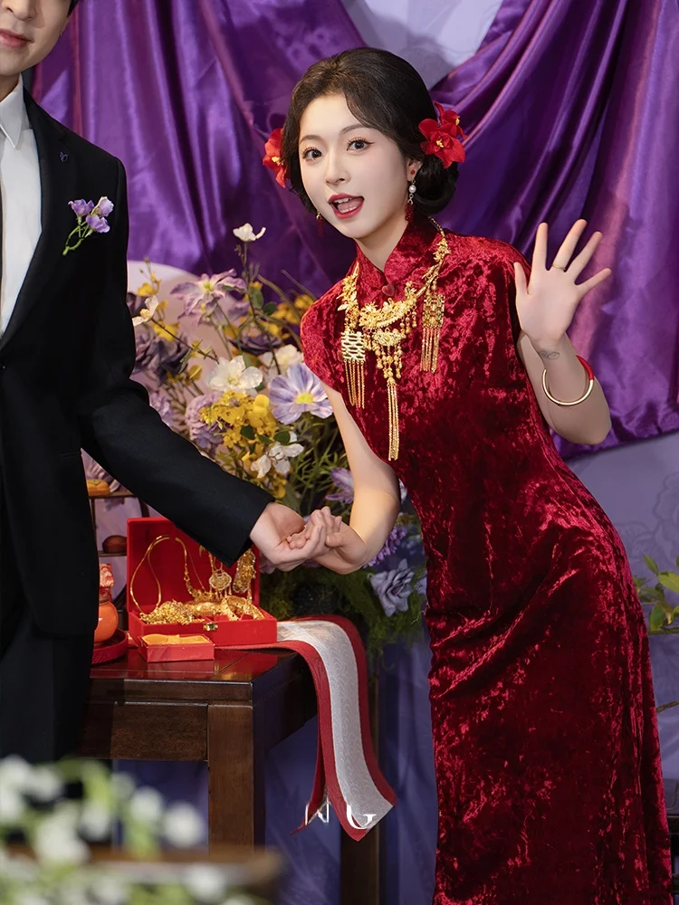 

Ele Velvet Qipao Summer Wedding Dr Vintage Sle Slanted Collar Low Slit Warm Polyester Fabric No Brand Chinese Sle