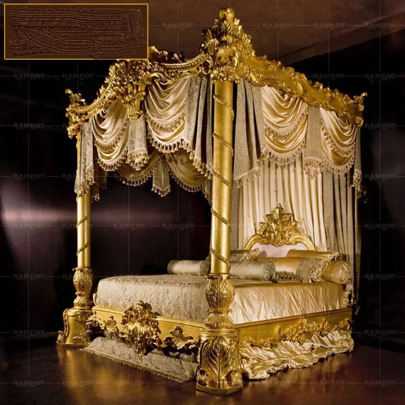 European court prince bed villa bedroom princess wedding bed Italy solid wood gold foil shelf curtain bed