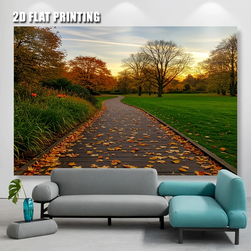 Autumn Pathway Tapestry Polyester Wall Hanging Fall Leaves Wooden Walkway Green Lawn Living Room