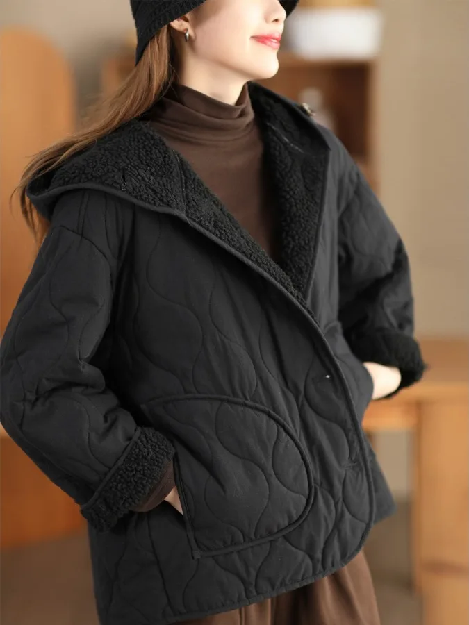 

Warmth Lamb Velvet Lined Thiened Winter Faionable Women's Coat with Hood Korean Sle Straight Cut Cotton Jaet