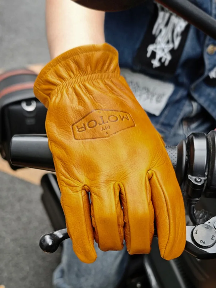 Handmade Vintage Men Motorcycle Biker Riding Genuine Leather Gloves Outside Work Separated Fingers Gloves Wear-Resistant Mittens