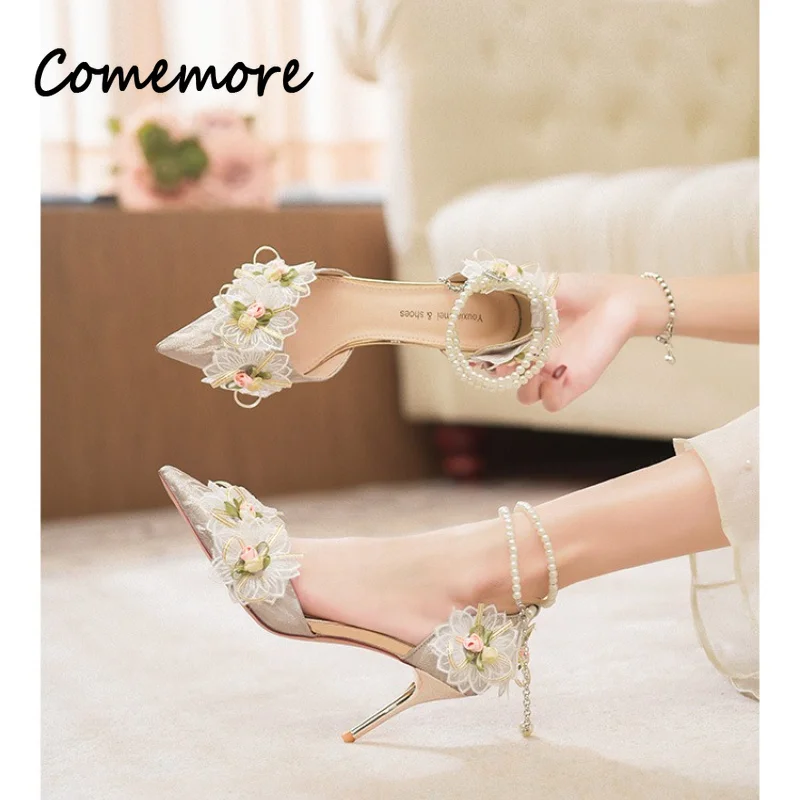 Comemore Lace Appliqué Women Sandals Ladies Party Wedding Footwear Pointed Toe High Heels Pearl Chain Ankle Buckle Elegant Shoes